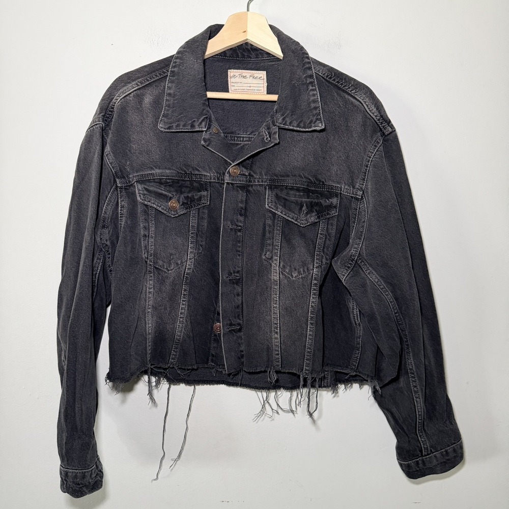 We The Free People Distress Denim Jean Jacket Black L Grunge Streetwear S